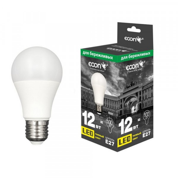 лампа светодиодная econ led a 12вт e27 3000k a60 es