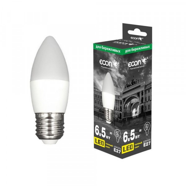 лампа светодиодная econ led cn 6,5вт e27 3000k b35  es