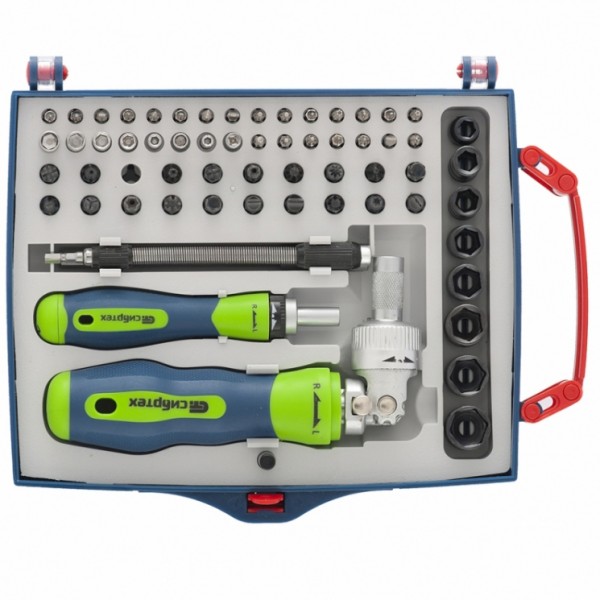 Фото Отвертки реверсивные в наборе с битами и торц. головками 61 пред. crv,в пласт боксе сибртех 13363