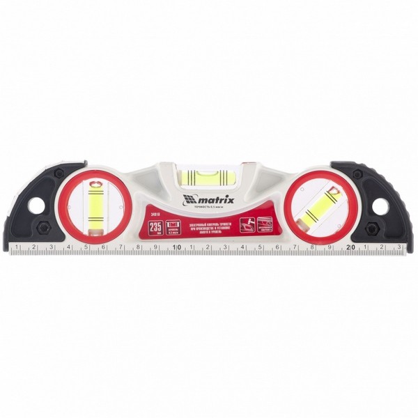 Фото Уровень алюминиевый литой, фрезерованный, 3 глазка, две ударные площадки, 235 мм // matrix 34910