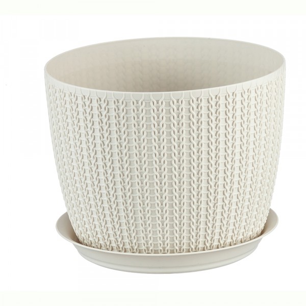 Фото Кашпо вязание d180мм 2,8л с поддоном белый ротанг