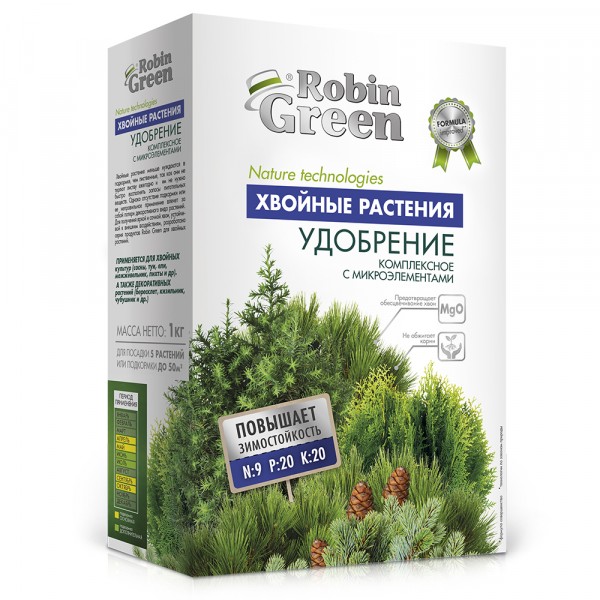 Фото Удобрение сухое робин грин минеральное хвойное тукосмесь с микроэлементами коробка 1 кг