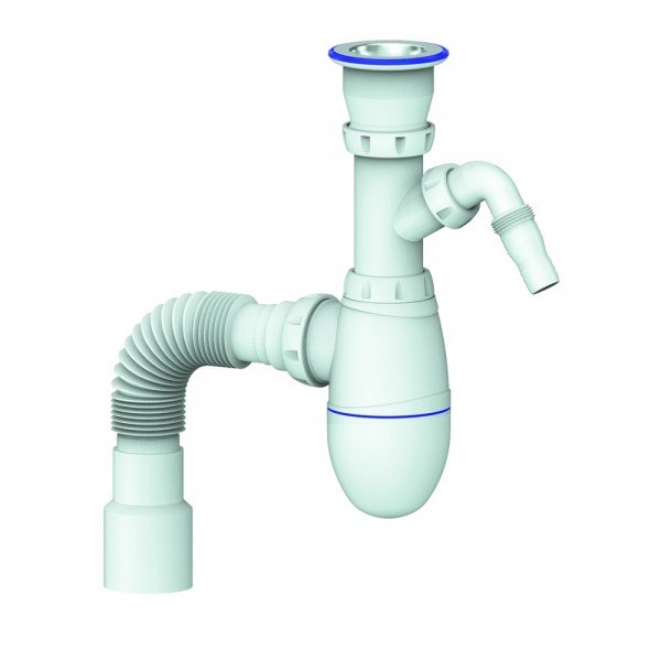 Фото Сифон для кухни 1.1/2х40 (нерж.вып., отвод для стир.маш.) с унив. г.т. 40х40/50  unicorn