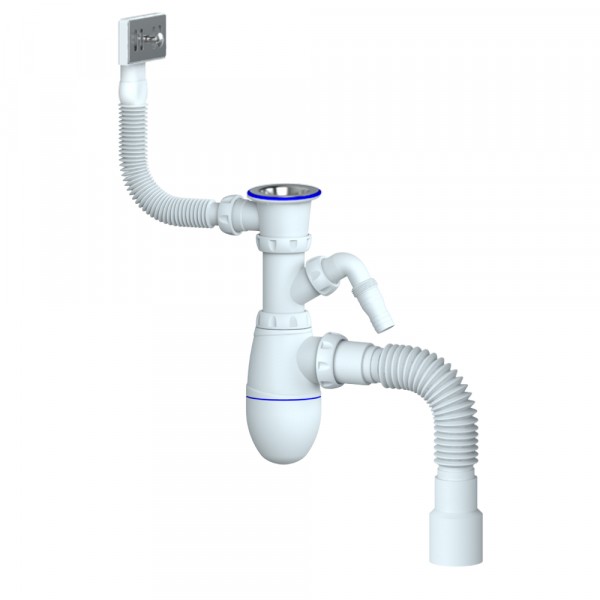 Фото Сифон для кухни 1.1/2х40 (нерж.вып., отвод для стир.маш., прям.пер.)унив. г.т. 40х40/50unicorn