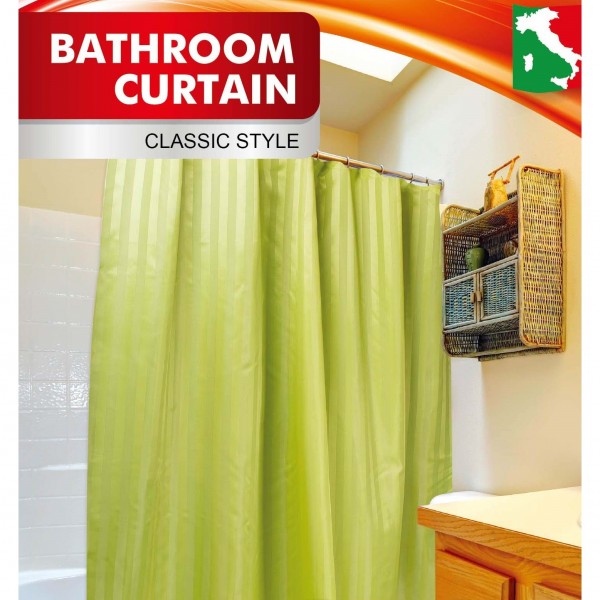 Фото Шторка жаккард для ванной  полоска зеленый + набор колец в комплекте 180*200