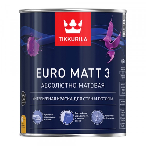 краска tikkurila euro matt 3 база a белая гл/мат 0,9л от АКСОН