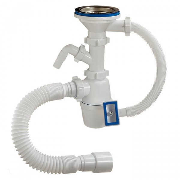 Фото Сифон орио 3 1/2 40 с  отводом для стир. машины, переливом и трубой а-4011