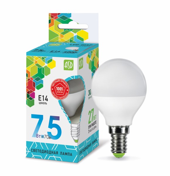 

лампа светодиодная asd led-шар-standard 7.5вт 230в е14 4000к 675лм