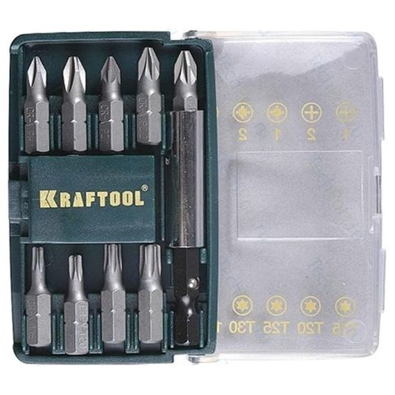 Фото Набор бит 10шт с магнитным адаптером kraftool 26130-н10