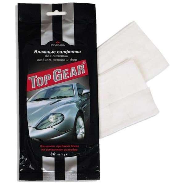 Фото Салфетки для авто влажные 30шт (для стекол, зеркал, фар) top gear