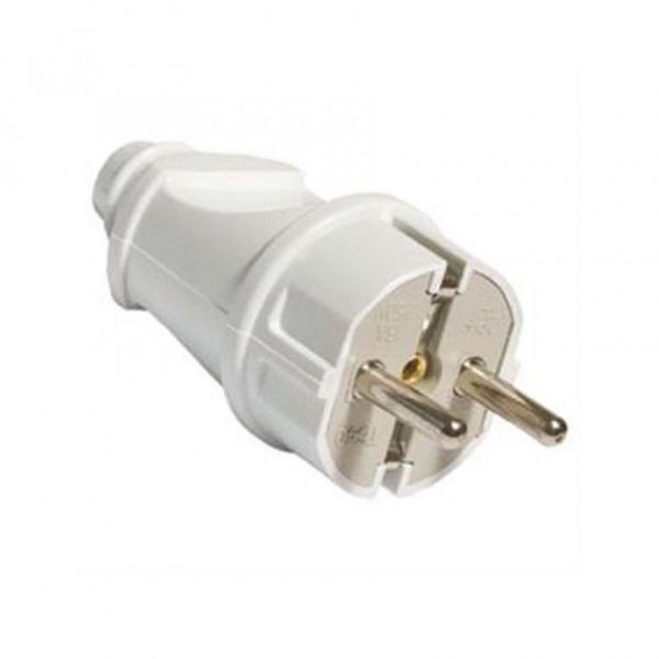 Фото Вилка б/з 16а 250в прямой вывод проводника abs-пластик, белая