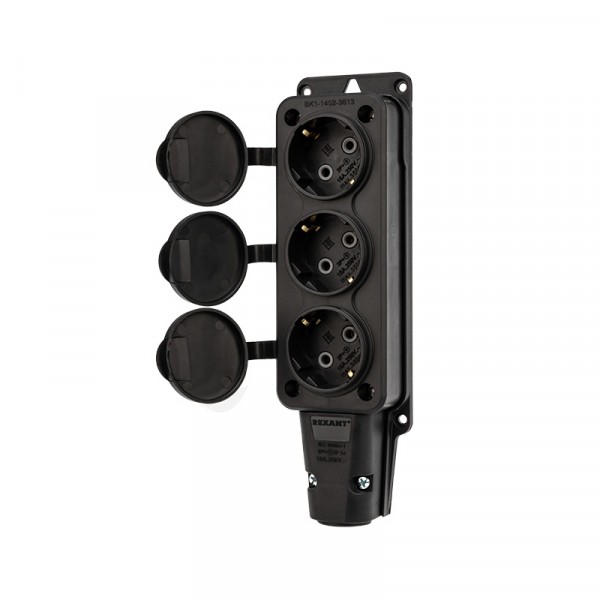 Штепсельная розетка с заземлением 16а настенная с крышкой 3порт, ip54(каучук) черная,rexant, 111-113