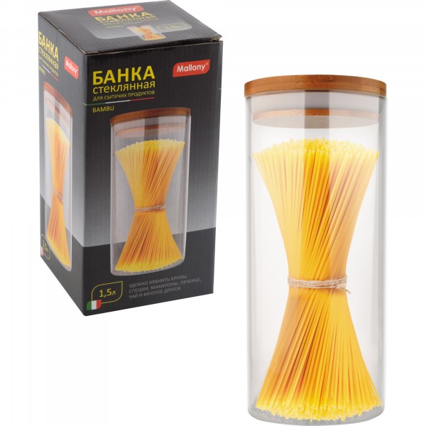 Фото Банка для сыпучих продуктов 1,5л bambu mallony стекло с крышкой 004446