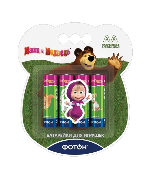 Фото Батарейка аа алкалиновая фотон маша и медведь+наклейка, 4шт
