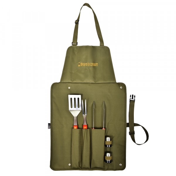 Фото Набор для барбекю boyscout /вилка, лопатка, щипцы, солонка, перечница, сумка-фартук/ 61320