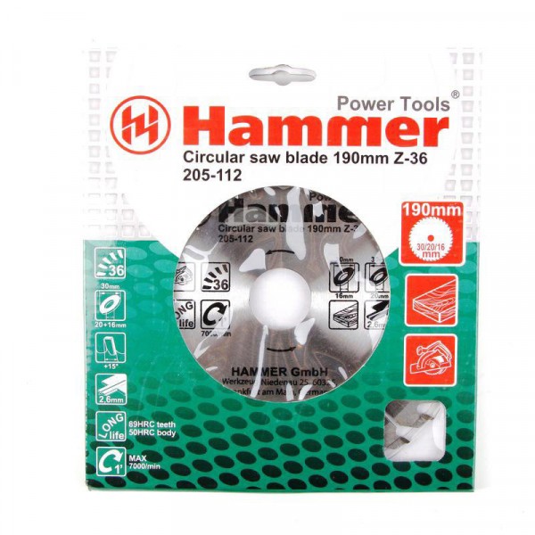 

диск пильный по дереву 190*36зуб*30/20/16мм csb wd hammer flex 205-112