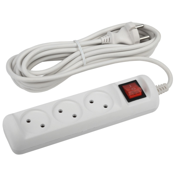 Фото Удлинитель бытовой (5м, 3 гнезда, с выкл., 10а, б/з, белый) эра u-3s-5m-2x1
