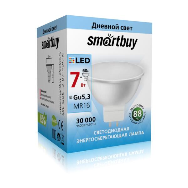 

лампа светодиодная smartbuy led sbl-gu5_3-07-40k-n gu5.3 дисковая 7вт 4000к