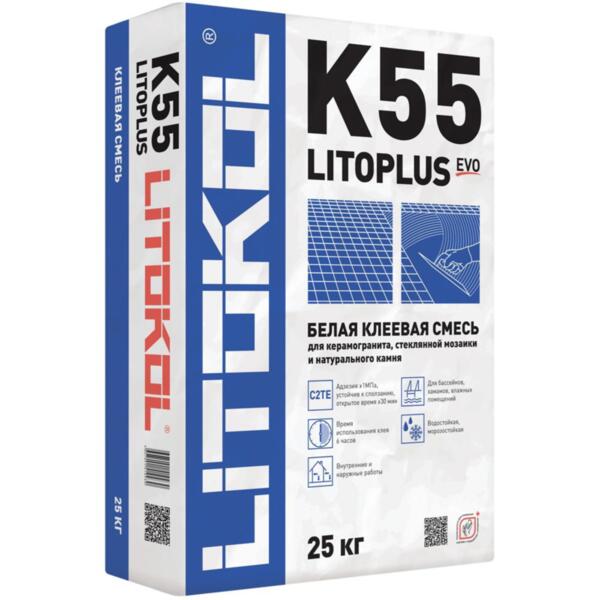 клей для плитки litokol litoplus k55, цвет белый, 25 кг от АКСОН