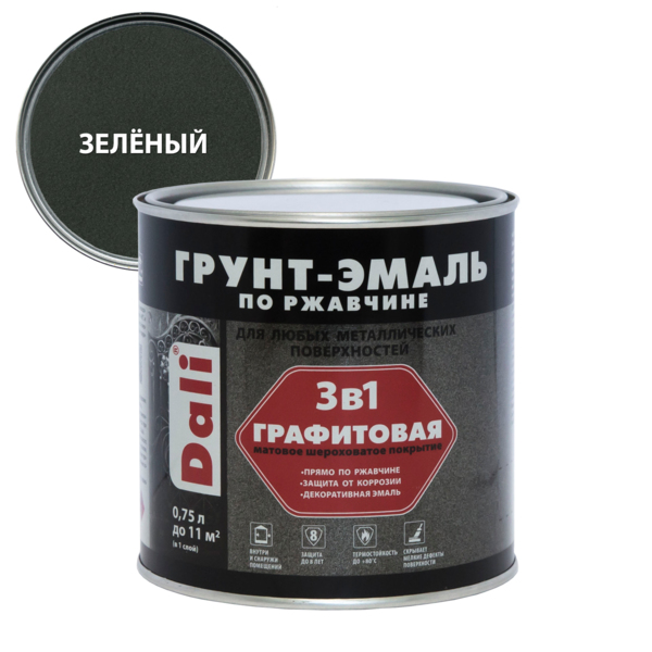 Фото Грунт-эмаль dali по ржавчине 3 в 1 графитовая зелёная 0,75л