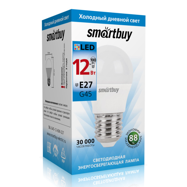 

лампа светодиодная smartbuy led sbl-g45-12-60k-e27 е27 шар 12вт 6000к