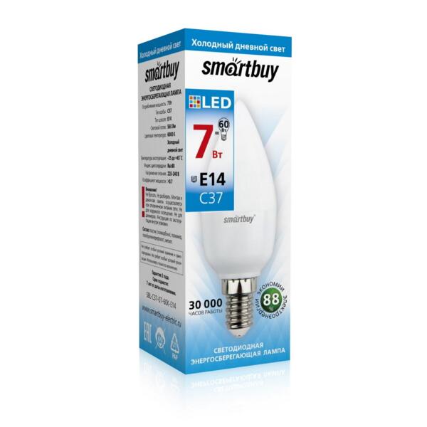 

лампа светодиодная smartbuy led sbl-c37-07-60k-e14 е14 свеча 7вт 6000к