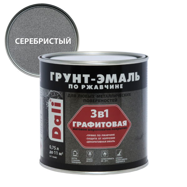 Фото Грунт-эмаль dali по ржавчине 3 в 1 графитовая серебристая 0,75л