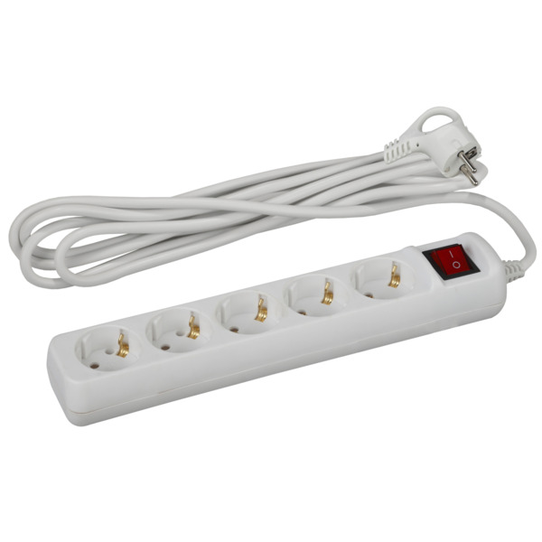 Фото Удлинитель бытовой (3м, 5 гнезд, с выкл., 16а, с/з, белый) эра ux-5es-3m