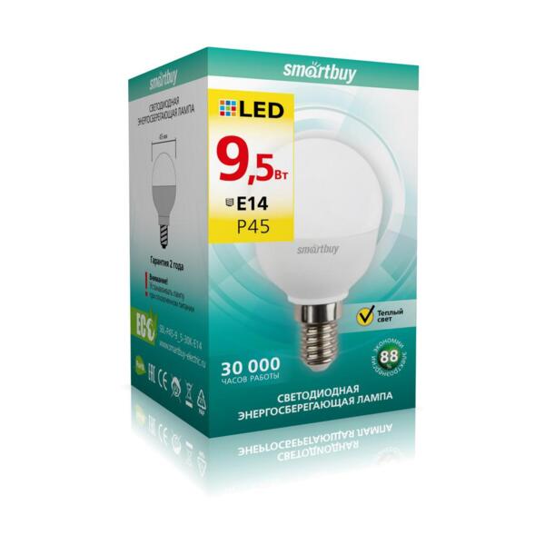 

лампа светодиодная smartbuy led sbl-p45-9_5-30k-e14 е14 шар 9.5вт 3000к
