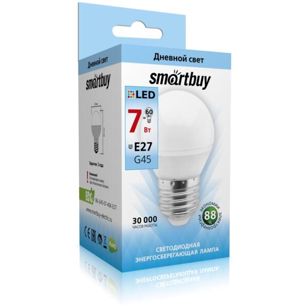 

лампа светодиодная smartbuy led sbl-g45-07-40k-e27 е27 шар 7вт 4000к
