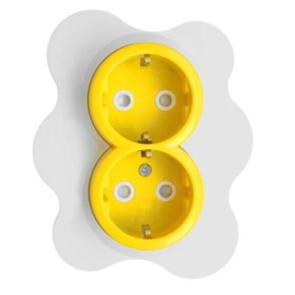 Фото Розетка 2-ая kranz happy яичница, скрытая, с заземл. и защ.шторками, желтая/белая, kr-78-0632