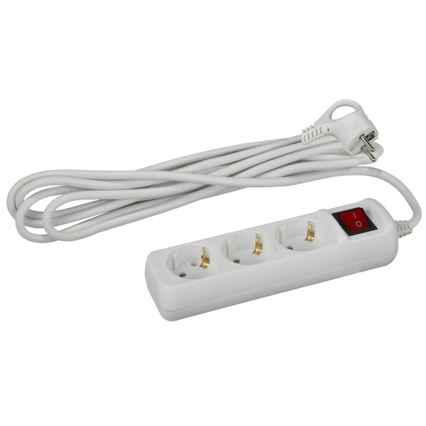 Удлинитель бытовой (3м, 3 гнезда, с выкл., 16а, с/з, белый) эра u-3es-3n-3x1