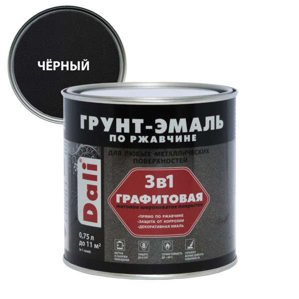 Фото Грунт-эмаль dali по ржавчине 3 в 1 графитовая черная 0,75л
