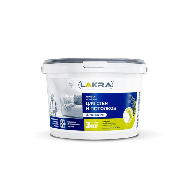 Фото Краска лакра для стен и потолков акриловая белоснежная 3кг