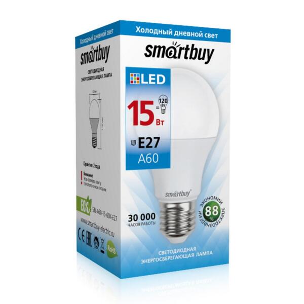 

лампа светодиодная smartbuy led sbl-a60-15-60k-e27 е27 груша 15вт 6000к