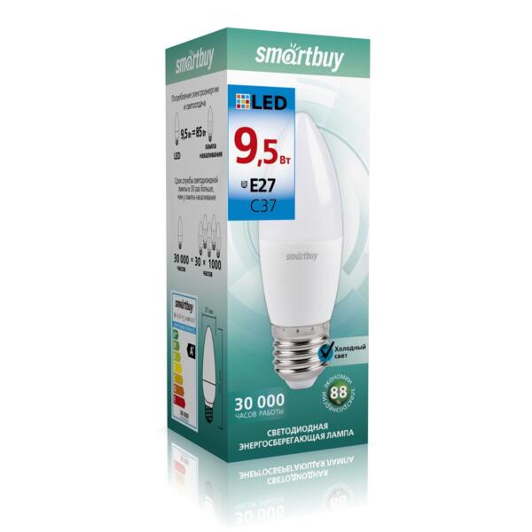 

лампа светодиодная smartbuy led sbl-c37-9_5-60k-e27 е27 свеча 9.5вт 6000к