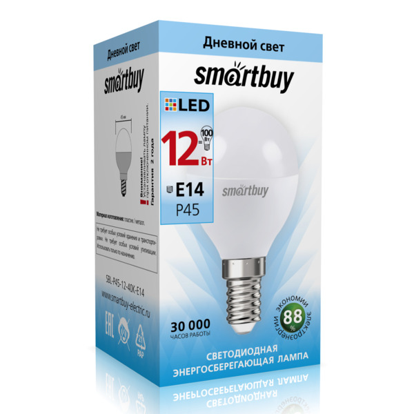 

лампа светодиодная smartbuy led sbl-p45-12-40k-e14 е14 шар 12вт 4000к