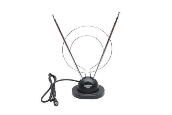 Фото Антенна для тв комнатная dvb-t2, 3,5дб (rx-100) телескоп. на подставке, rexant 34-0100