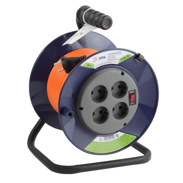 Фото Удлинитель силовой на катушке (20м, 4 розетки, б/з, 10а, 2200вт) эра б0043050