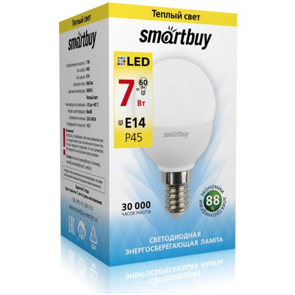 

лампа светодиодная smartbuy led sbl-p45-07-30k-e14 е14 шар 7вт 3000к