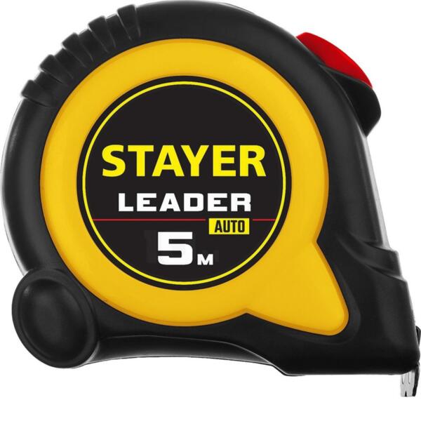 

рулетка с автостопом 5м/19мм в обрезин. корпусе stayer leader 3402-05-19_z02