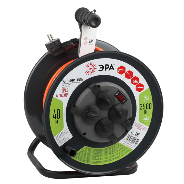 Фото Удлинитель силовой на металической катушке (40м, 4 розетки, с/з, 16а, 3500вт) ip44 эра б0046851