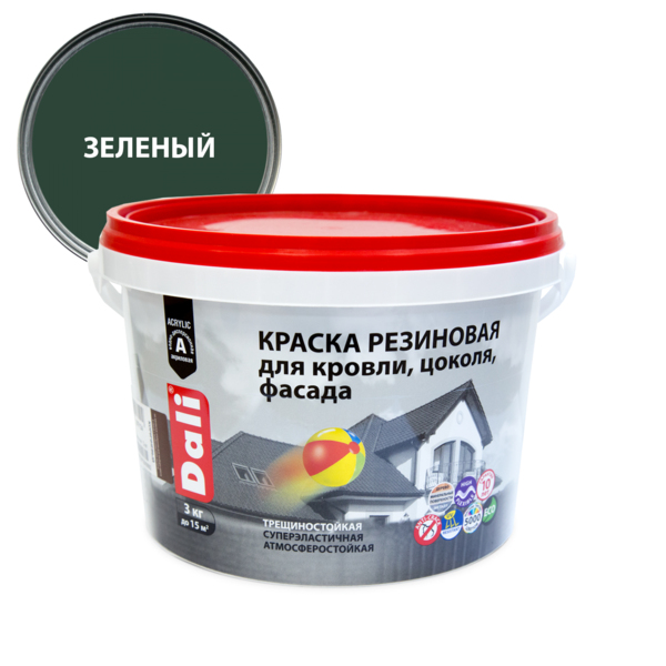Фото Краска dali для кровли, цоколя, фасада, резиновая зеленая 3 кг
