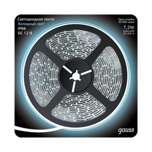 Фото Лента gauss led 311000307 5м 5050/30-smd 7.2w  12v dc холодный белый ip66