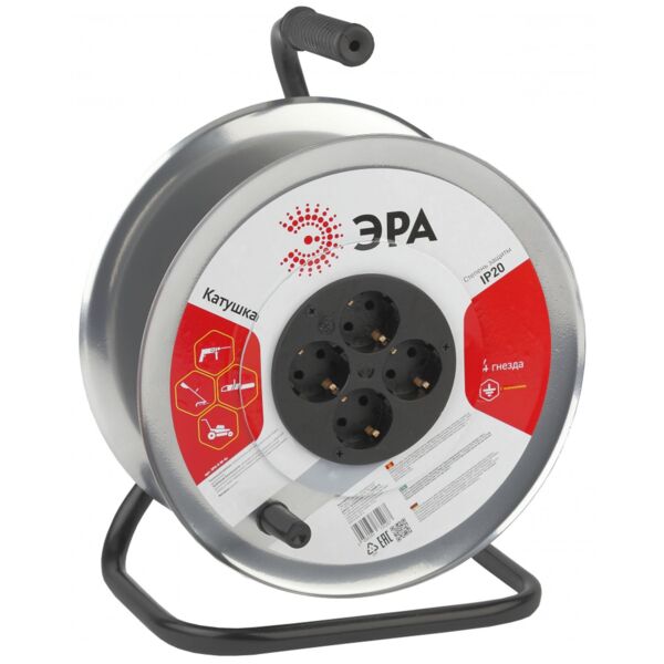 Фото Катушка без провода на 4 розетки, с заземл., d=290мм, металл, эра, k-m-4z