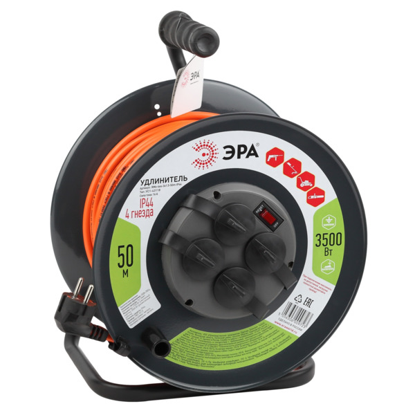 Фото Удлинитель силовой на металической катушке (50м, 4 розетки, с/з, 16а, 3500вт) ip44 эра б0046852