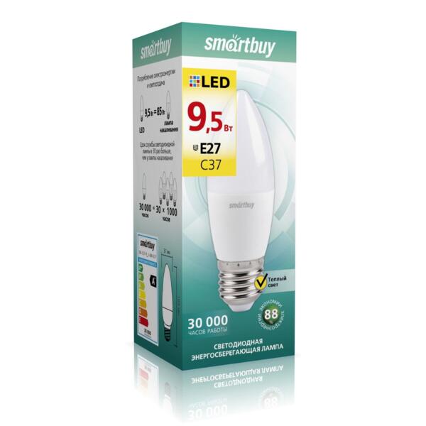 

лампа светодиодная smartbuy led sbl-c37-9_5-30k-e27 е27 свеча 9.5вт 3000к