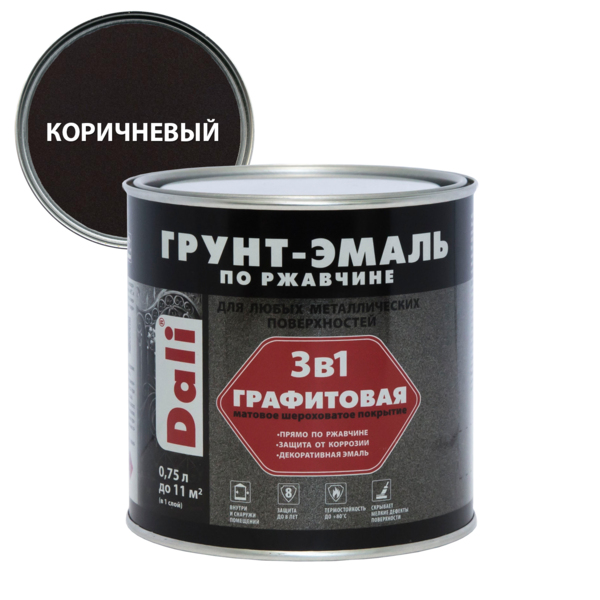 Фото Грунт-эмаль dali по ржавчине 3 в 1 графитовая коричневая 0,75л