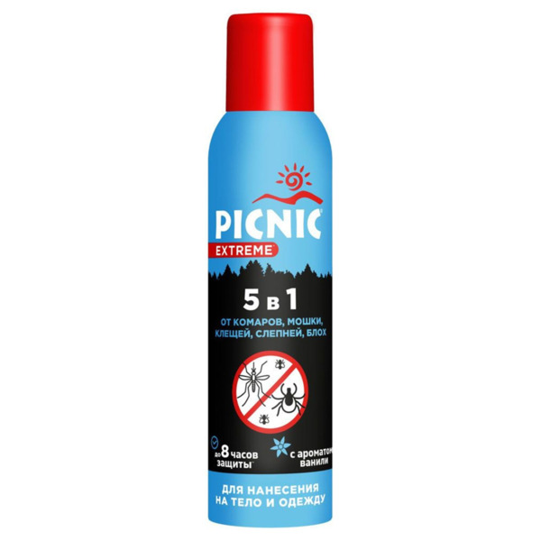 Фото Аэрозоль picnic 5 в 1 от камаров, клещей, мошки 150мл