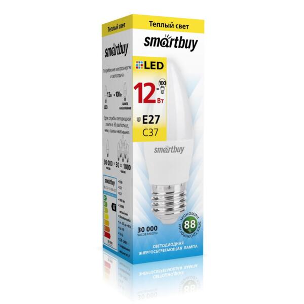 

лампа светодиодная smartbuy led sbl-c37-12-30k-e27 е27 свеча 12вт 3000к